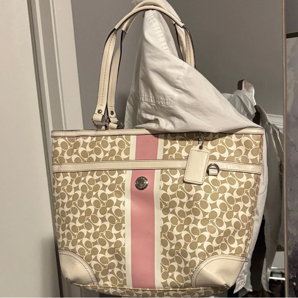 Coach Tan and Pink Heritage Stripe Signature Tote - Picture 3 of 10